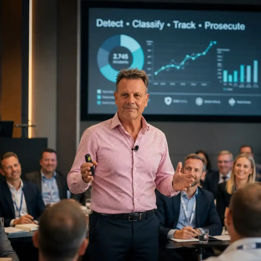 Author Pete Fraser public speaking to a group of business folk. The key principles of the Faint Contact displayed on a background screen