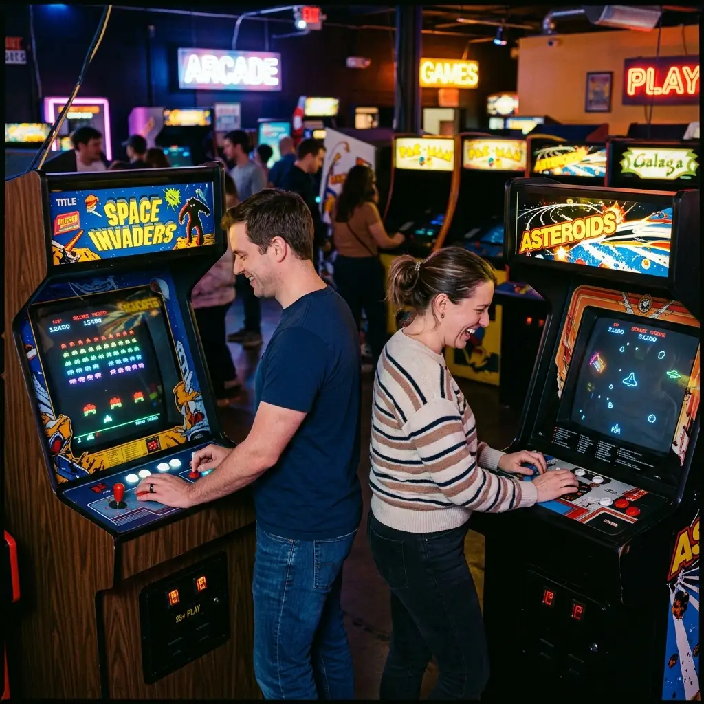 Male and female playing machines in an amusement arcade