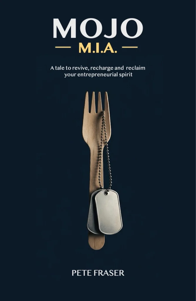 Front Cover of Mojo MIA. Military Dog tags hanging from a wooden fork